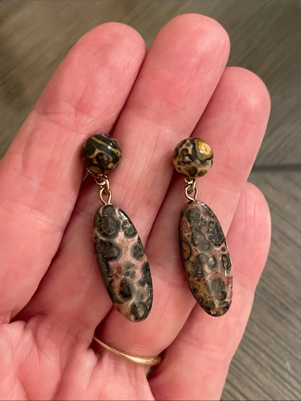 Vintage Leopard Skin Jasper Oval Dangle Drop Earrings Ball/Post Convertible